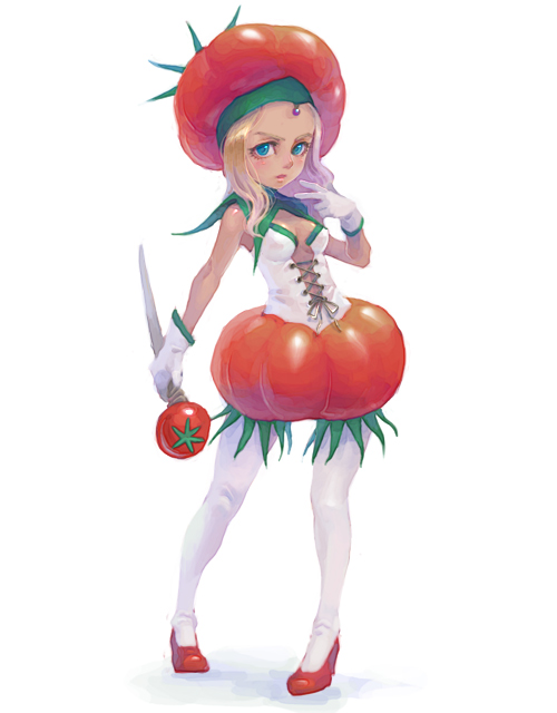 weno, 1girl, blonde hair, blue eyes, breasts, cleavage, corset, female focus, food-themed clothes, full body, gloves, hat, high heels, pantyhose, shoes, simple background, skirt, small breasts, solo, staff, standing, thighhighs, tomato, white pantyhose