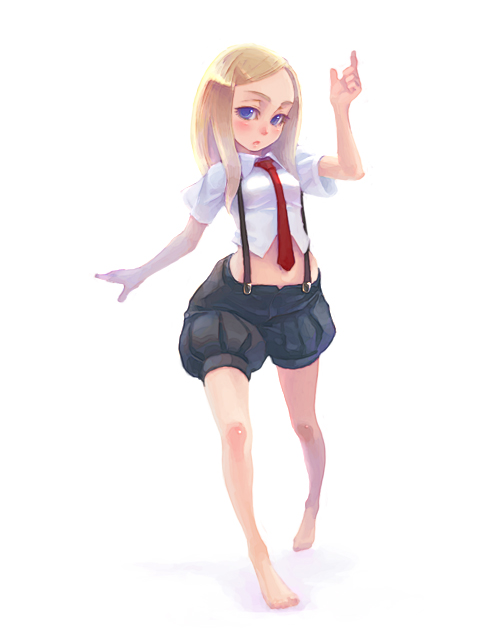 weno, barefoot, blonde hair, blouse, blue eyes, feet, full body, midriff, necktie, shirt, simple background, solo, swept bangs, white background, white shirt