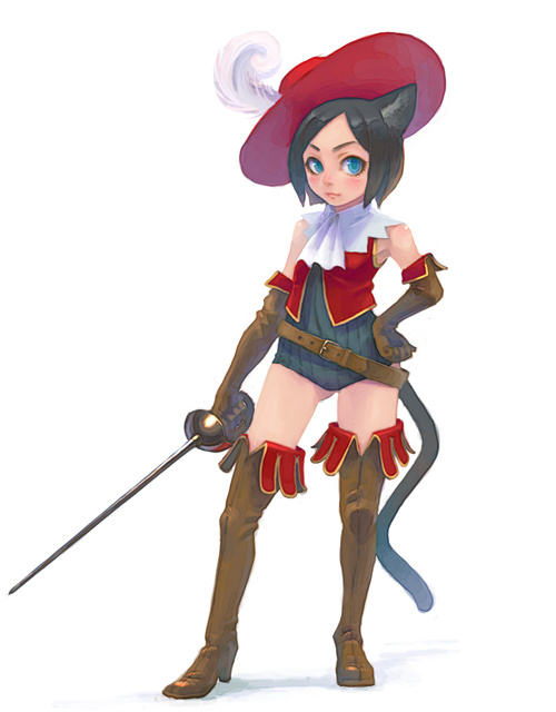 weno, animal ears, boots, cat ears, cat tail, cavalier hat, hat, rapier, simple background, solo, sword, tail, thigh boots, thighhighs, weapon