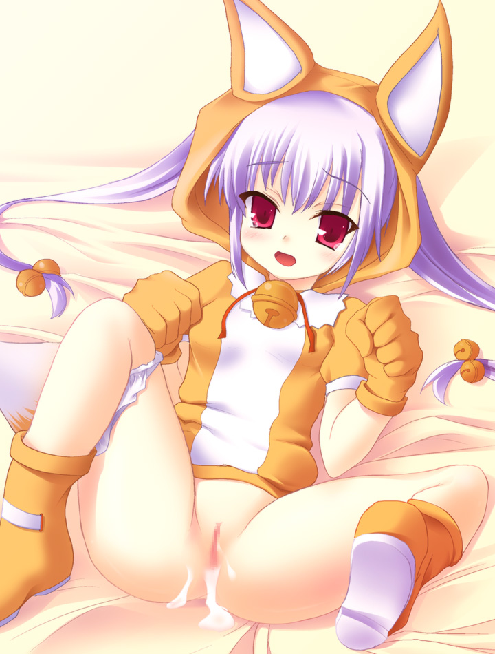 safi, kooh (pangya), pangya, 1girl, aftersex, animal hood, bell, blush, cat hood, censored, cum, cum in pussy, female focus, gloves, hair bell, hair ornament, hood, loli, lying, mosaic censoring, on back, open mouth, panties, panties around leg, purple hair, pussy, red eyes, shoes, solo, spread legs, tears, twintails, underwear, white panties