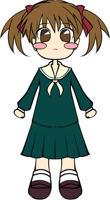 safi, fukuzawa yumi, maria-sama ga miteru, lowres, 00s, 1girl, blush, brown eyes, brown hair, female focus, pleated skirt, sailor collar, school uniform, serafuku, shoes, skirt, socks, solo, standing, twintails, white background, white socks