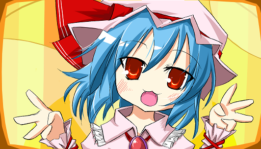 scarlet (studioscr), remilia scarlet, lucky star, motteke! serafuku, touhou, bad id, bad pixiv id, md5 mismatch, 1girl, blue hair, bonnet, bow, female focus, hat, open mouth, parody, pink hat, red eyes, ribbon, short hair, simple background, solo, style parody, yellow background