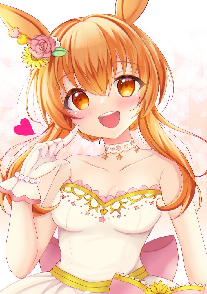 terimuku, mayano top gun (sunlight bouquet) (umamusume), mayano top gun (umamusume), umamusume, commentary, 1girl, :d, animal ears, back bow, bare shoulders, blush, bow, breasts, cleavage, collarbone, dress, flower, gloves, hair between eyes, hair flower, hair ornament, head tilt, heart, horse ears, long hair, looking at viewer, open mouth, orange eyes, orange hair, pink bow, pink flower, pink rose, rose, small breasts, smile, solo, strapless, strapless dress, white dress, white gloves