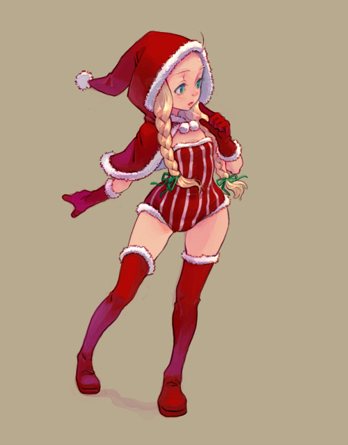 weno, 1girl, ahoge, braid, christmas, elbow gloves, female focus, gloves, hood, red gloves, santa costume, simple background, solo, thighhighs, twin braids