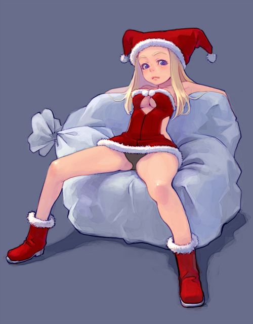 weno, 1girl, blonde hair, blue eyes, breasts, christmas, female focus, grey background, hat, jester cap, panties, pantyshot, sack, santa costume, santa hat, simple background, sitting, solo, underboob, underwear