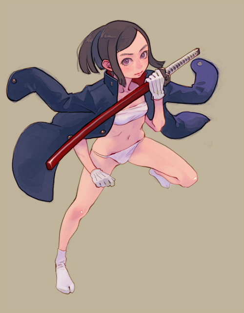 weno, breast bind, brown eyes, brown hair, cloak, fundoshi, gloves, japanese clothes, jumping, katana, midriff, navel, panties, ponytail, sarashi, simple background, socks, solo, sword, tabi, underwear, weapon