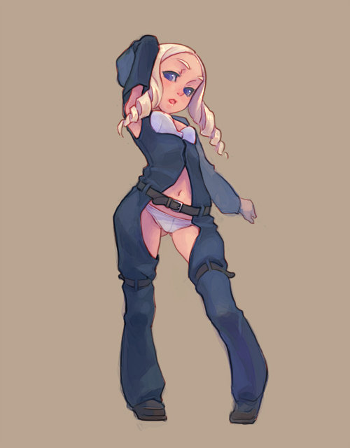 weno, 1girl, black shoes, blonde hair, blue eyes, brown background, drill hair, female focus, framed breasts, from below, full body, legs apart, shoes, simple background, solo, standing, thigh strap