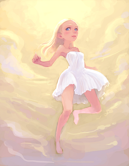 weno, weno's blonde original character, 1girl, blonde hair, blue eyes, dress, female focus, full body, outdoors, sky, solo