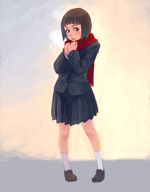 weno, 1girl, blazer, breath, cold, female focus, full body, jacket, loafers, pigeon-toed, pleated skirt, red scarf, scarf, school uniform, serafuku, shoes, skirt, socks, solo, standing, white socks