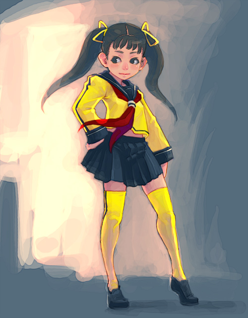 weno, 1girl, black hair, black shoes, blonde hair, blush, female focus, full body, hair ribbon, hand on own hip, heel up, light smile, long hair, long sleeves, looking to the side, miniskirt, pleated skirt, ribbon, sailor collar, school uniform, serafuku, shirt, shoes, skirt, smile, solo, standing, thighhighs, twintails, wind, yellow shirt, yellow theme, yellow thighhighs, zettai ryouiki