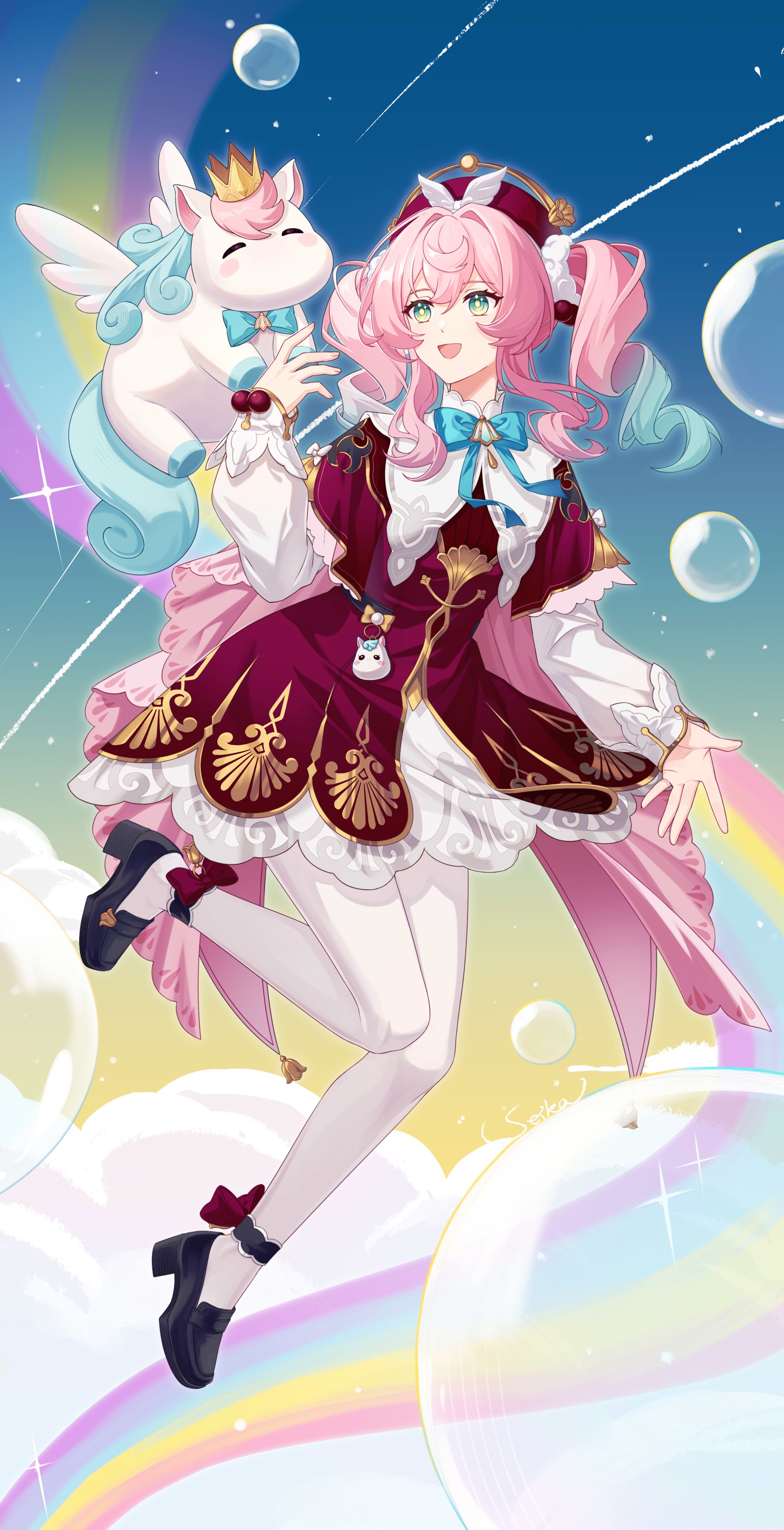 hyacine (honkai: star rail), little ica (honkai: star rail), honkai: star rail, honkai (series), absurdres, hashtag-only commentary, highres, 1girl, air bubble, aqua eyes, aqua hair, black shoes, blue sky, bubble, dress, drill hair, hat, medium hair, multicolored hair, open mouth, pantyhose, pegasus, pink hair, rainbow, red dress, red hat, seika86850577, shoes, sky, twin drills, twintails, two-tone hair, white pantyhose