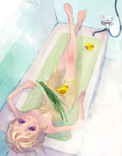 weno, weno's blonde original character, original, lowres, 1girl, bath, bathtub, blonde hair, blue eyes, censored, convenient censoring, female focus, from above, nude, solo, wemp