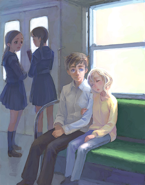 weno, weno's blonde original character, original, 1boy, 3girls, arm clutch, arm hug, blonde hair, glasses, indoors, multiple girls, school uniform, sleeping, sleeping upright, train, train interior