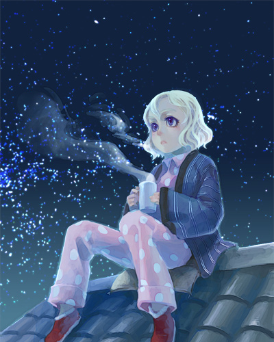 weno, weno's blonde original character, original, lowres, 1girl, cold, cup, female focus, pajamas, rooftop, sky, snow, solo, star (sky), star (symbol), starry sky