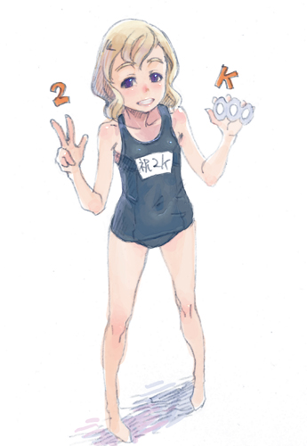 weno, weno's blonde original character, original, lowres, 1girl, 2000, blonde hair, female focus, milestone celebration, name tag, one-piece swimsuit, school swimsuit, simple background, solo, swimsuit