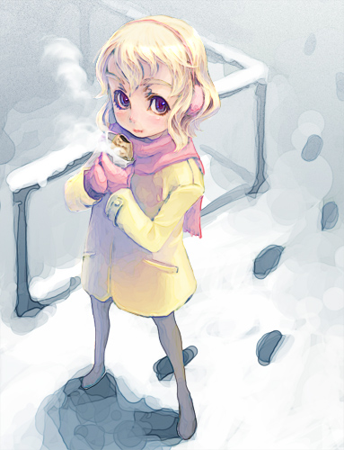 weno, weno's blonde original character, lowres, 1girl, blonde hair, coat, cold, female focus, food, footprints, full body, hairband, outdoors, pantyhose, snow, solo, taiyaki, wagashi