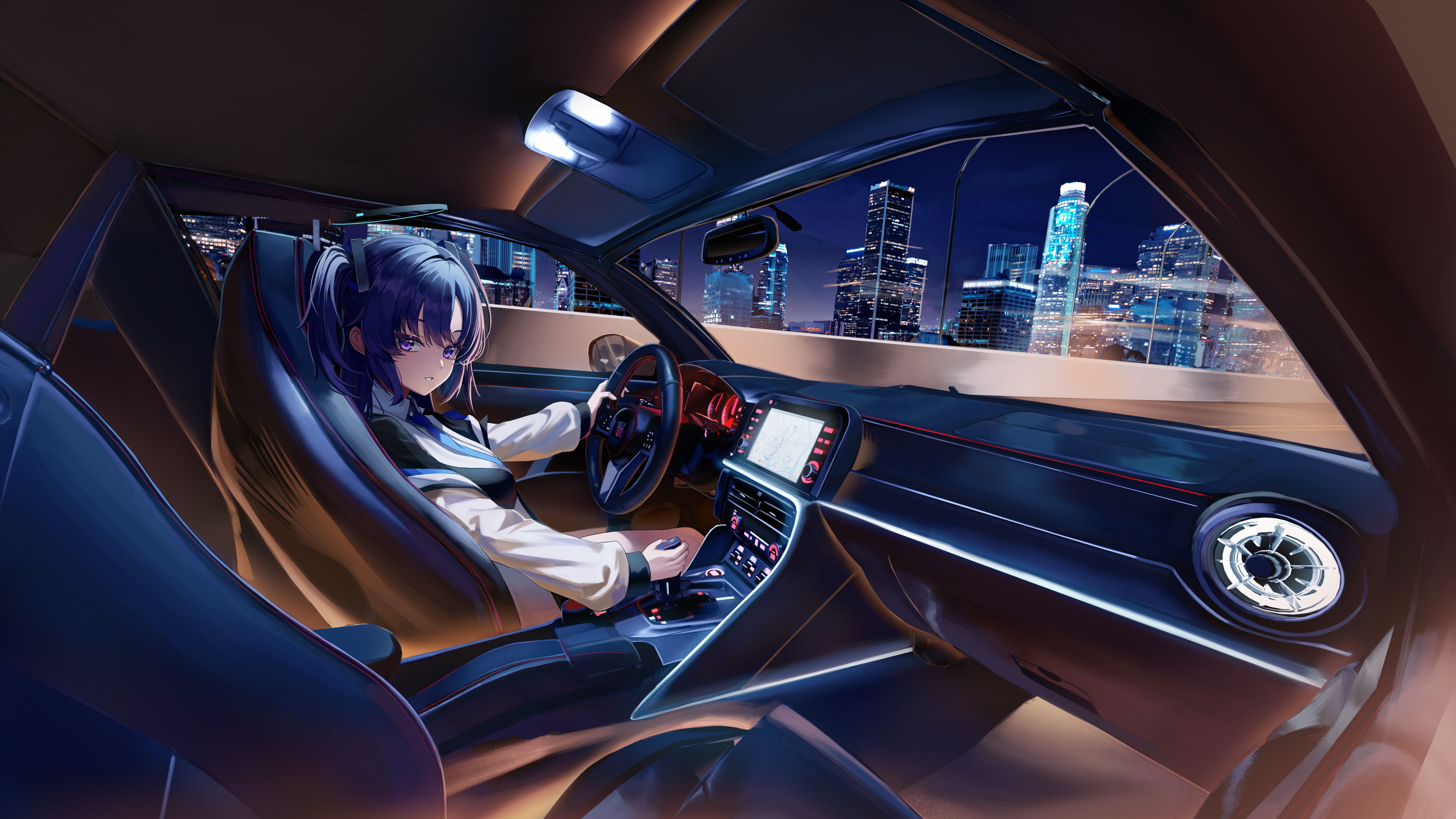 gwinggwing, yuuka (blue archive), blue archive, nissan, absurdres, highres, 1girl, black halo, black jacket, blue necktie, car, car interior, cityscape, collared shirt, driving, gear shift, halo, jacket, long hair, mechanical halo, missing commentary, motor vehicle, necktie, night, nissan gt-r, parted lips, purple eyes, purple hair, rear-view mirror, shirt, solo, steering wheel, two side up, white jacket, white shirt