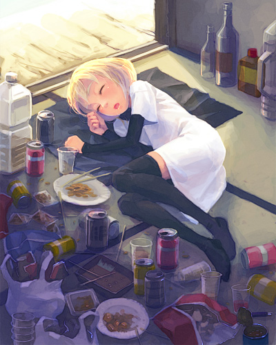 weno, weno's blonde original character, original, lowres, 1girl, black thighhighs, blonde hair, bottle, can, chopsticks, closed eyes, drink can, female focus, food, lying, no shoes, on floor, on side, sleeping, soda can, solo, thighhighs, zettai ryouiki