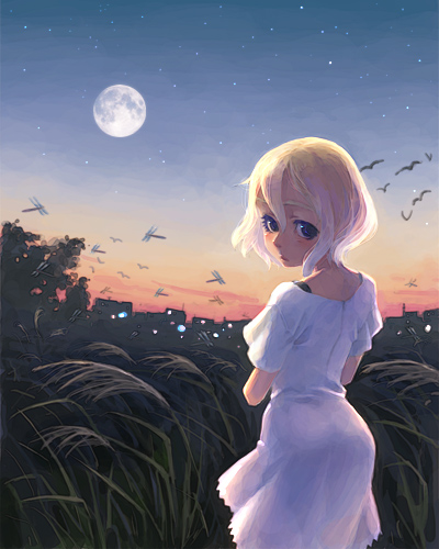 weno, weno's blonde original character, original, lowres, 1girl, bird, blonde hair, bug, cityscape, dragonfly, dress, female focus, full moon, insect, moon, scenery, sky, solo