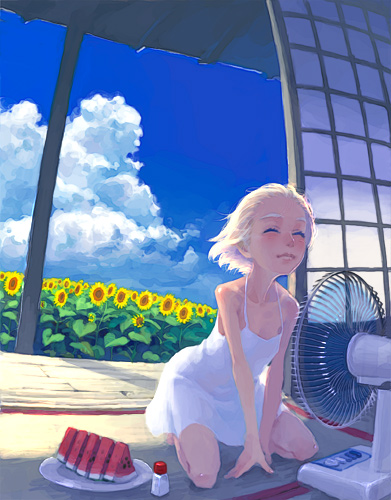 weno, weno's blonde original character, original, lowres, 1girl, cloud, day, dress, electric fan, female focus, flower, food, fruit, salt, salt shaker, sky, slice of life, sliding doors, solo, summer, sunflower, watermelon