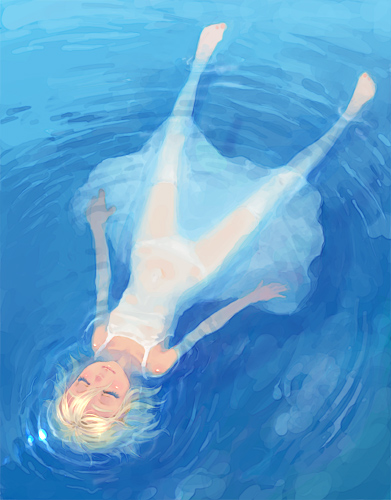 weno, weno's blonde original character, original, lowres, 1girl, blonde hair, dress, female focus, no bra, see-through clothes, solo, water