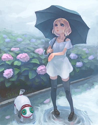 weno, weno's blonde original character, lowres, 1girl, blonde hair, dress, female focus, flower, full body, hydrangea, nature, outdoors, plant, rain, sky, solo, thighhighs, umbrella, zettai ryouiki
