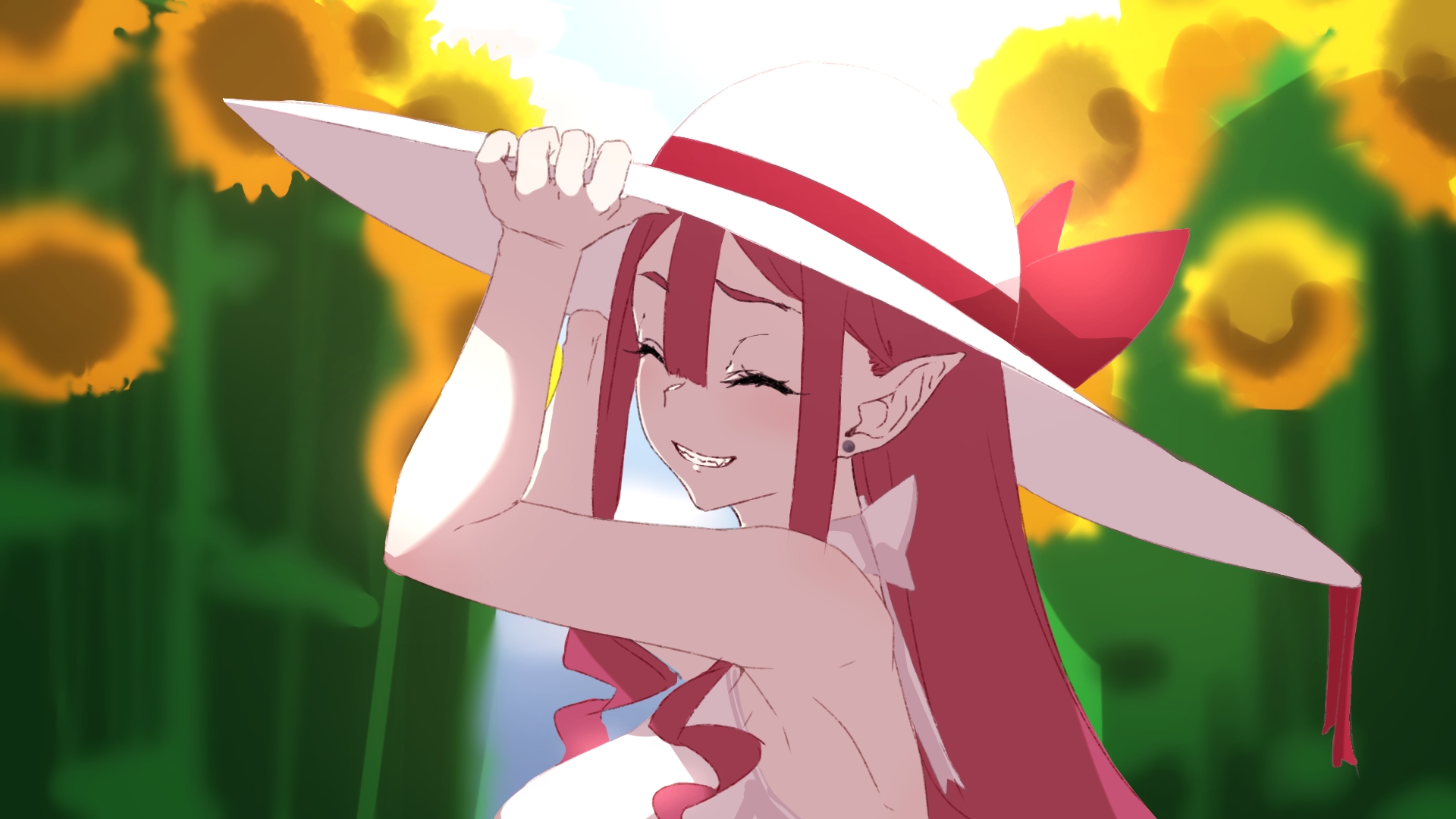 niwaikanai, baobhan sith (fate), fate/grand order, fate (series), highres, 1girl, bare shoulders, blush, breasts, closed eyes, dress, field, flower, flower field, grin, hat, large breasts, long hair, pointy ears, red hair, sidelocks, smile, solo, sun hat, sunflower, white dress, white hat