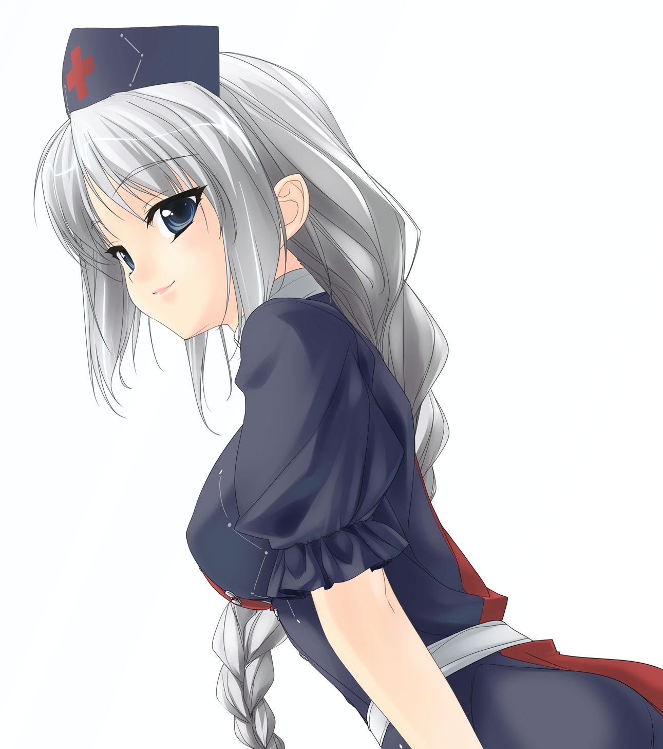 rokuwata tomoe, yagokoro eirin, touhou, silver hair, duplicate, highres, 1girl, ass, blue eyes, braid, breasts, dutch angle, female focus, hat, large breasts, lips, long hair, looking at viewer, looking back, nurse cap, parted bangs, sash, simple background, skirt, skirt set, smile, solo, standing, very long hair, white background