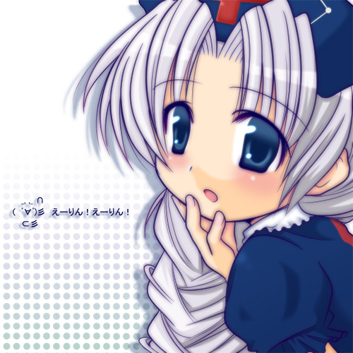 yagokoro eirin, touhou, eyebrows, silver hair, lowres, 1girl, :o, blue dress, blue eyes, blush, dress, female focus, hat, looking at viewer, nurse cap, open mouth, parted bangs, puffy short sleeves, puffy sleeves, short sleeves, simple background, solo, upper body, white background