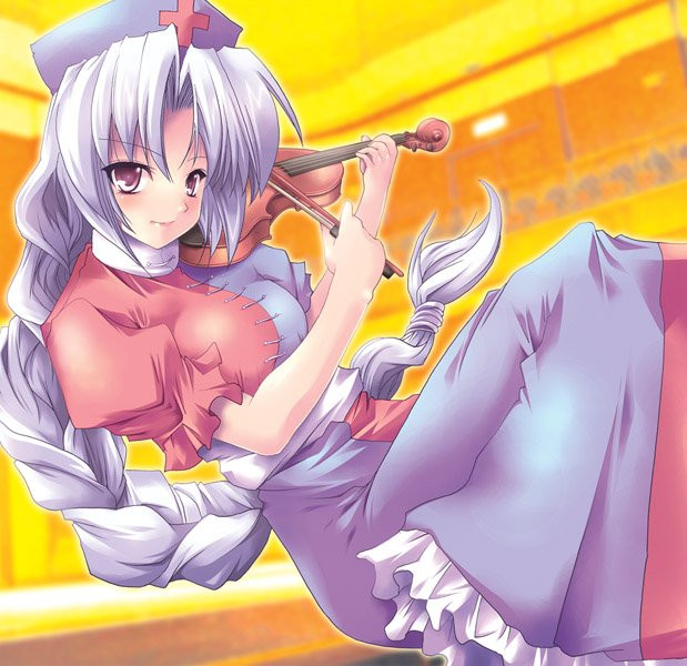 yagokoro eirin, touhou, 1girl, blue hat, bow (music), breasts, dress, female focus, hat, holding, holding bow (music), holding instrument, holding violin, instrument, nurse, solo, two-tone dress, violin