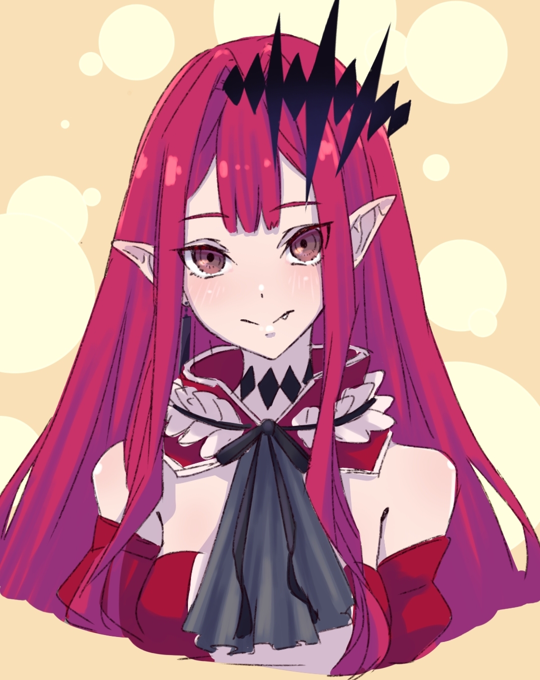niwaikanai, baobhan sith (fate), baobhan sith (first ascension) (fate), fate/grand order, fate (series), highres, 1girl, bare shoulders, blush, breasts, center frills, detached collar, detached sleeves, dress, earrings, fang, frills, grey eyes, jewelry, large breasts, long hair, looking at viewer, pink hair, pointy ears, red dress, sidelocks, smile, solo, tiara