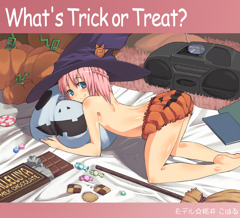 shue, original, 1girl, all fours, barefoot, bent over, blue eyes, boombox, broom, candy, checkerboard cookie, chocolate, chocolate bar, cookie, english text, feet, female focus, food, halloween, hat, jack-o'-lantern, konpeitou, legs, loli, lollipop, looking at viewer, panties, pillow, pink hair, print panties, pumpkin, short hair, smile, solo, swirl lollipop, topless female, trick or treat, underwear, witch, witch hat