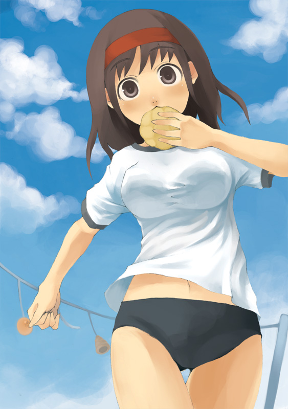 aco (koaya ako), brown hair, eating, food, school uniform, serafuku, short hair, solo