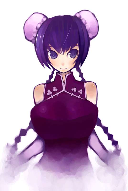 aco (koaya ako), wang liu mei, gundam, gundam 00, 00s, bare shoulders, black hair, braid, breasts, bun cover, china dress, chinese clothes, double bun, dress, hair bun, huge breasts, solo, twintails