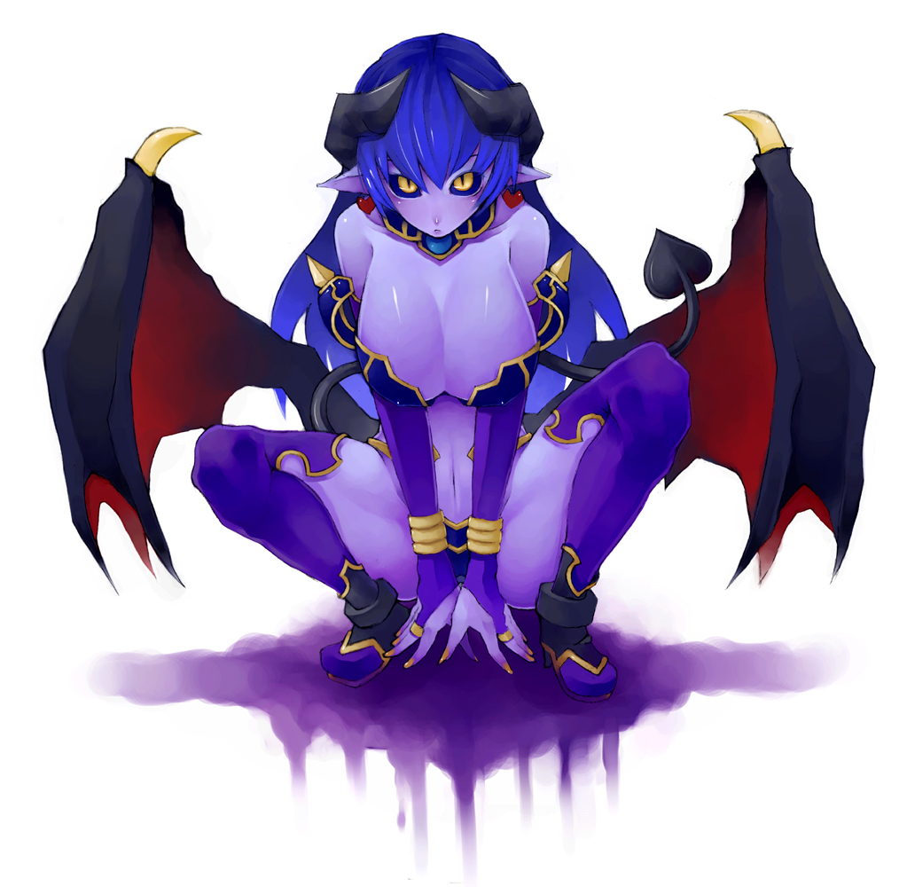aco (koaya ako), astaroth (shinrabanshou), shinrabanshou, 1girl, black sclera, blue hair, blue skin, boots, breasts, cleavage, colored sclera, colored skin, demon girl, demon tail, demon wings, earrings, elbow gloves, female focus, fingerless gloves, full body, gloves, heart, heart earrings, horns, jewelry, large breasts, long hair, purple boots, ring, simple background, solo, spikes, squatting, tail, thighhighs, wings, yellow eyes