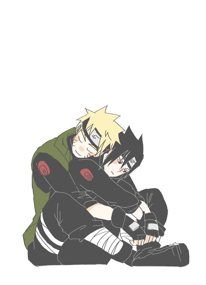uchiha sasuke, uzumaki naruto, naruto (series), commentary, commentary request, 2boys, black eyes, black gloves, black hair, black pants, blush, closed eyes, closed mouth, facial mark, fingerless gloves, flak jacket, forehead protector, gloves, green jacket, hug, hug from behind, jacket, konohagakure shinobi uniform, konohagakure symbol, long sleeves, looking to the side, male focus, multiple boys, ns ichiban, pants, short hair, sitting, smile, whisker markings, yaoi