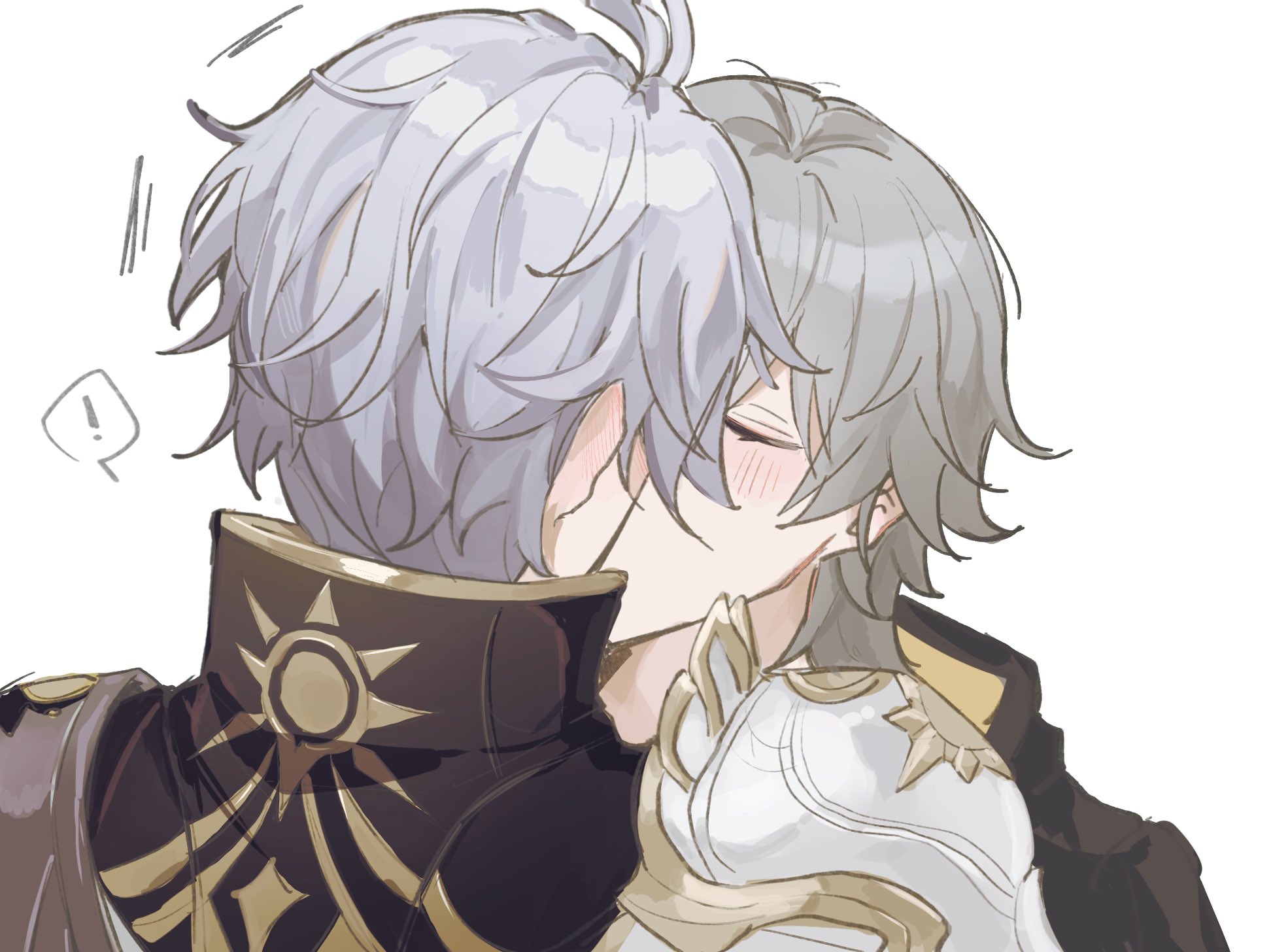 nanuuuuuu73, caelus (honkai: star rail), phainon (honkai: star rail), trailblazer (honkai: star rail), honkai: star rail, honkai (series), commentary request, highres, !, 2boys, antenna hair, armor, back, black coat, blush, closed eyes, coat, grey hair, hood, hooded coat, jacket, kiss, male focus, multiple boys, short hair, shoulder armor, simple background, speech bubble, spoken exclamation mark, sun symbol, two-sided coat, two-sided fabric, upper body, white background, white jacket, yaoi, yellow coat