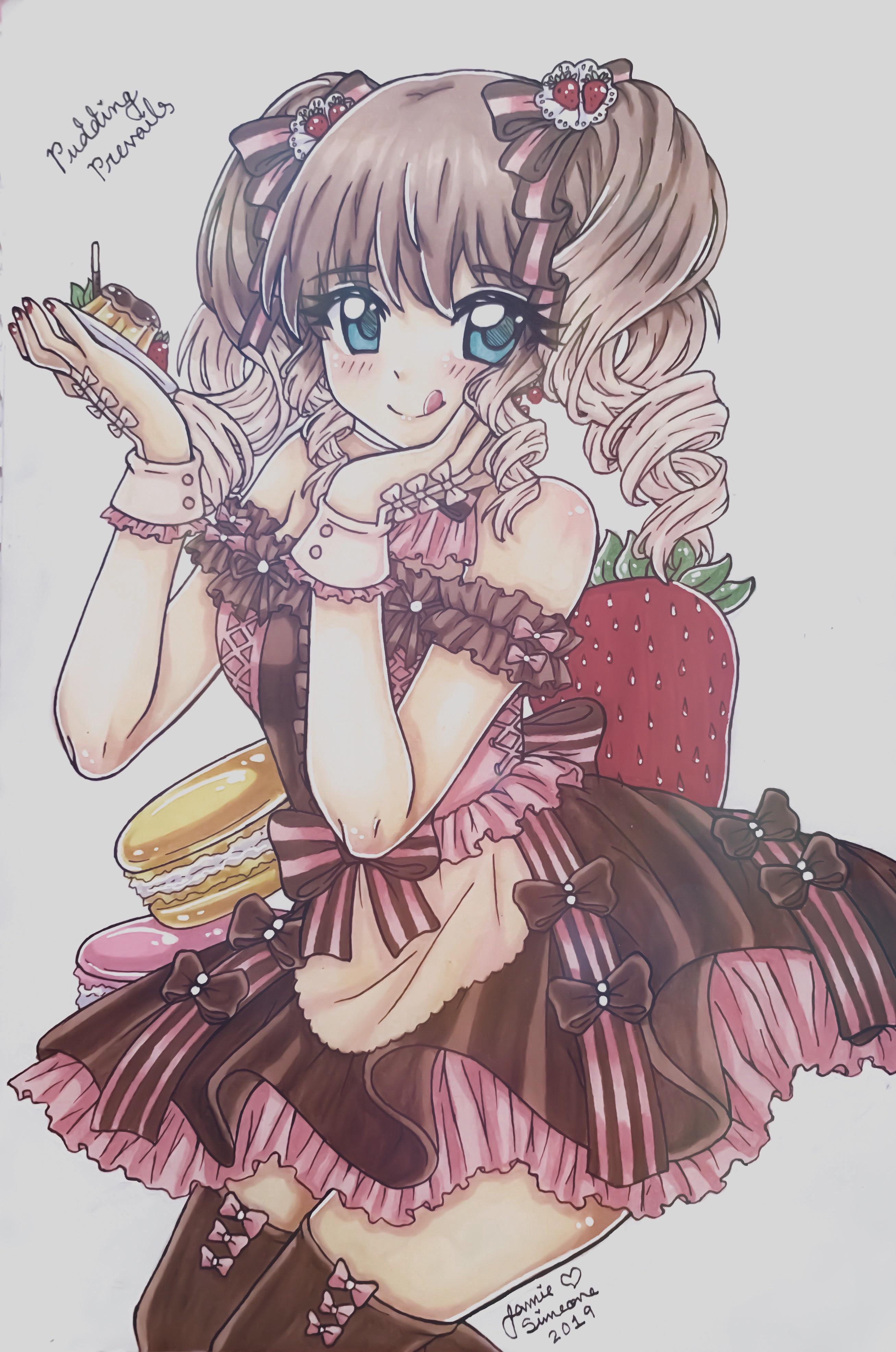 miracle nikki, nikki (series), absurdres, commentary, english commentary, highres, traditional media, 1girl, 2019, :q, apron, bare shoulders, blue eyes, bow, bow legwear, brown bow, brown dress, brown hair, brown sleeves, brown thighhighs, character name, closed mouth, cowboy shot, cross-laced clothes, cross-laced dress, detached sleeves, dot nose, dress, dress bow, drill hair, eyelashes, food, food-themed hair ornament, frilled dress, frilled sleeves, frilled wrist cuffs, frills, fruit, gradient hair, hair bow, hair ornament, hand on own cheek, hand on own face, happy, heart, holding, holding plate, invisible chair, light blush, long hair, looking at viewer, macaron, multicolored hair, oversized food, oversized object, pink bow, plate, pocky, pudding, pudding prevails (miracle nikki), short dress, short sleeves, signature, single stripe, sitting, sleeve bow, sleeveless, sleeveless dress, smile, solo, strawberry, strawberry hair ornament, striped bow, tareme, thighhighs, tongue, tongue out, twin drills, twintails, two-tone hair, waist apron, waist bow, white apron, white eyeshadow, white hair, white wrist cuffs, wrist cuffs, yamisaan
