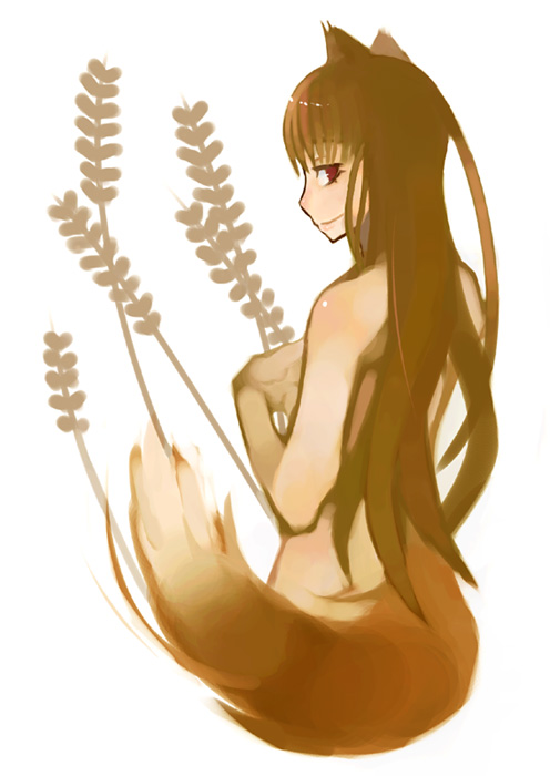 aco (koaya ako), holo, spice and wolf, 00s, animal ears, brown hair, long hair, nude, solo, tail, wheat, wolf ears, wolf tail