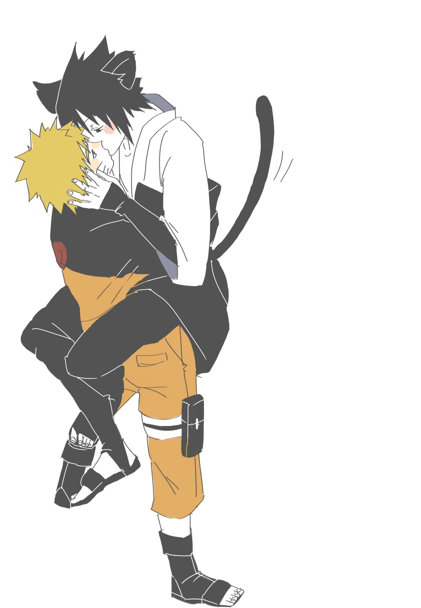uchiha sasuke, uzumaki naruto, naruto (series), naruto shippuuden, commentary, commentary request, highres, 2boys, animal ears, black eyes, black gloves, black hair, black shoes, blonde hair, blue eyes, blush, cat boy, cat ears, cat tail, eye contact, facial mark, fingerless gloves, full body, gloves, hand on another's face, jacket, kiss, leg lock, long sleeves, looking at another, male focus, multiple boys, ns ichiban, pouch, sandals, shoes, simple background, tail, thigh pouch, whisker markings, white background, yaoi