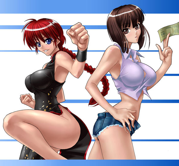 kagami hirotaka, ranma-chan, saotome ranma, tendou nabiki, ranma 1/2, 2girls, armpits, ass, blue eyes, braid, breasts, china dress, chinese clothes, cleavage, denim, denim shorts, dress, fighting stance, genderswap, genderswap (mtf), large breasts, money, multiple girls, red hair, shorts