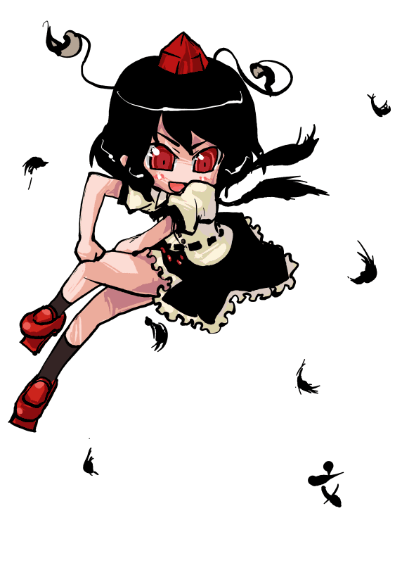 tao, tao (kadoya), shameimaru aya, touhou, 1girl, blush stickers, feathers, female focus, geta, grin, hat, looking down, open mouth, smile, solo, tengu-geta