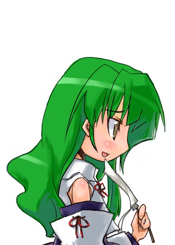 tao, tao (kadoya), kochiya sanae, touhou, 1girl, detached sleeves, female focus, gohei, green hair, long hair, oonusa, open mouth, simple background, solo, white background