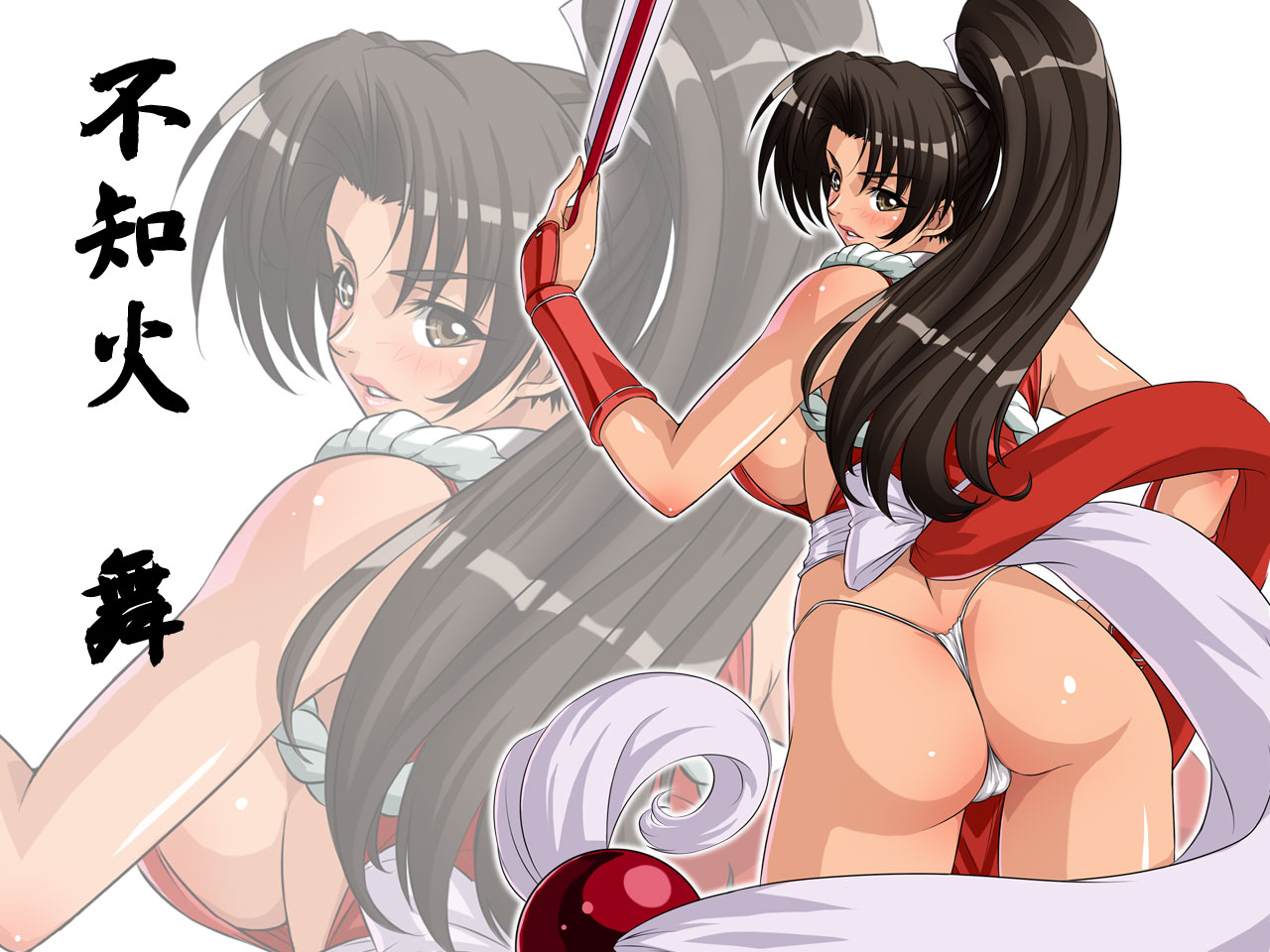kagami hirotaka, shiranui mai, fatal fury, snk, the king of fighters, 1girl, ass, black eyes, black hair, blush, breasts, female focus, folded fan, folding fan, from behind, hand fan, large breasts, long hair, looking back, no bra, panties, pelvic curtain, ponytail, revealing clothes, sideboob, solo, thong, underwear, white panties, zoom layer