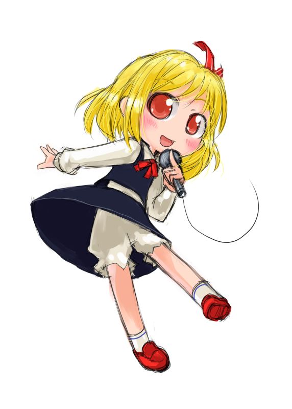 tao, tao (kadoya), rumia, embodiment of scarlet devil, touhou, 1girl, blonde hair, bloomers, blush, chibi, female focus, hair ribbon, microphone, open mouth, outstretched arm, red eyes, ribbon, short hair, skirt, solo, underwear, white bloomers