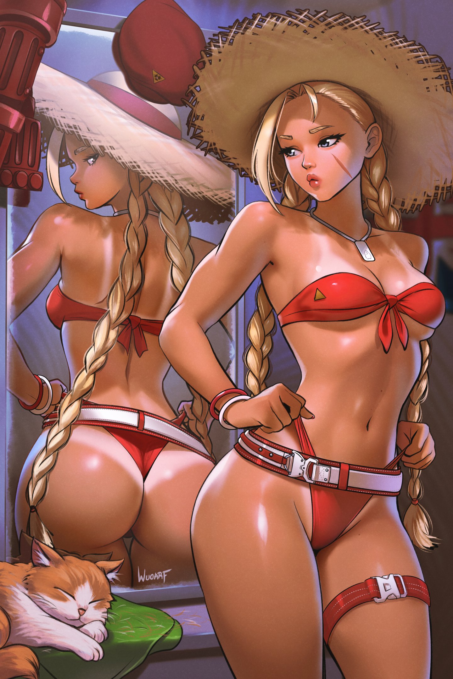 wuoarf, cammy white, street fighter, street fighter 6, commentary, commission, english commentary, highres, 1girl, animal, artist name, ass, bangle, belt, beret, bikini, bikini tan, blonde hair, blue eyes, bracelet, braid, breasts, cat, cowboy shot, dark-skinned female, dark skin, dog tags, facial scar, front-tie bikini top, front-tie top, gloves, hat, highleg, highleg bikini, jewelry, looking at mirror, looking back, low twin braids, medium breasts, mirror, multiple bracelets, navel, official alternate costume, red bikini, red gloves, red hat, reflection, scar, scar on cheek, scar on face, standing, strapless, strapless bikini, straw hat, sun hat, swimsuit, tan, tanline, thigh belt, thigh gap, thigh strap, thong bikini, twin braids, unworn gloves, unworn hat, unworn headwear, white belt