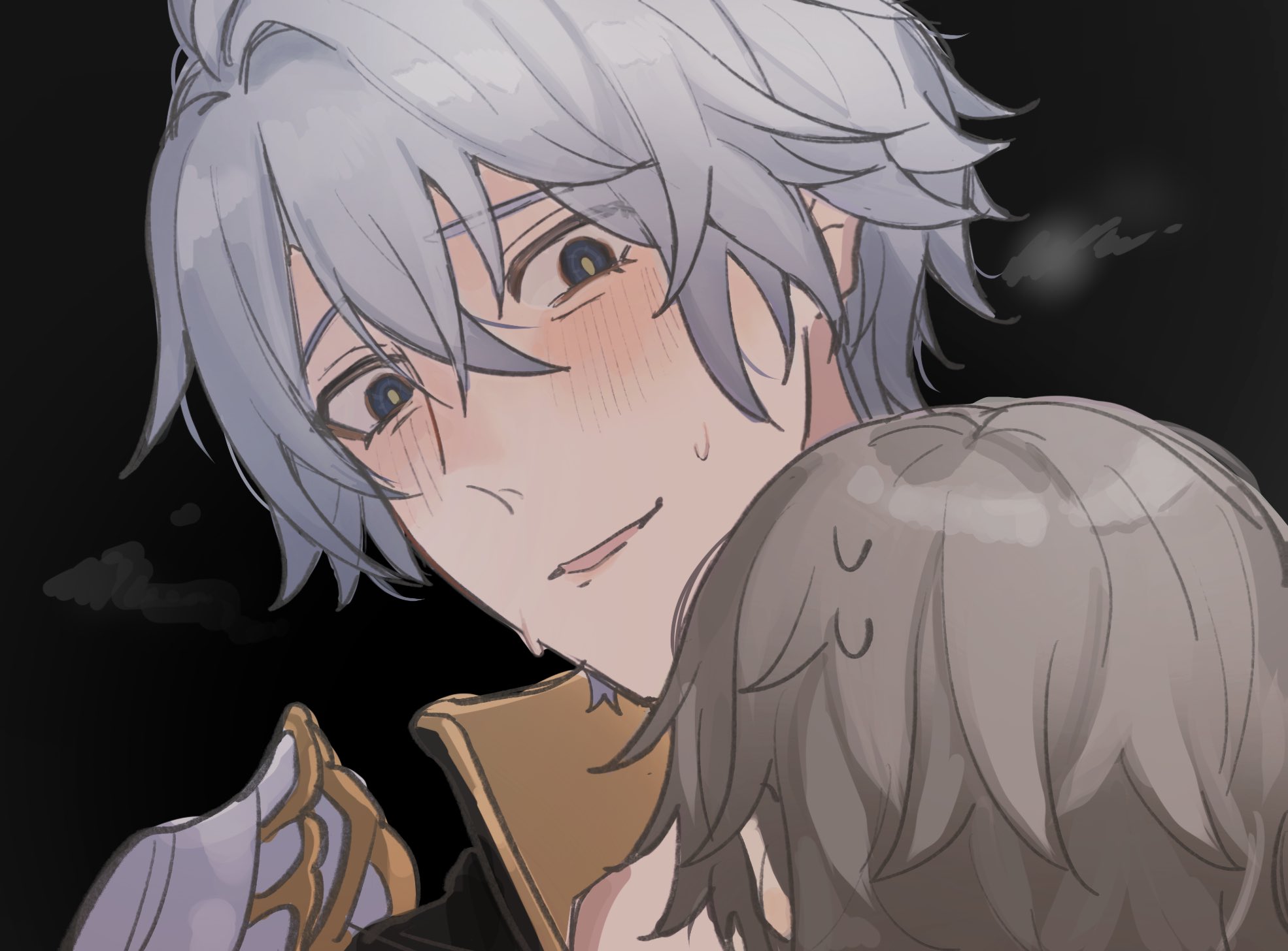 nanuuuuuu73, caelus (honkai: star rail), phainon (honkai: star rail), trailblazer (honkai: star rail), honkai: star rail, honkai (series), commentary request, highres, 2boys, antenna hair, armor, black background, blue eyes, blush, crossed bangs, grey hair, hair between eyes, looking at another, male focus, multiple boys, open mouth, pervert, short hair, shoulder armor, simple background, smile, steam, sweat, upper body, yaoi, yellow pupils