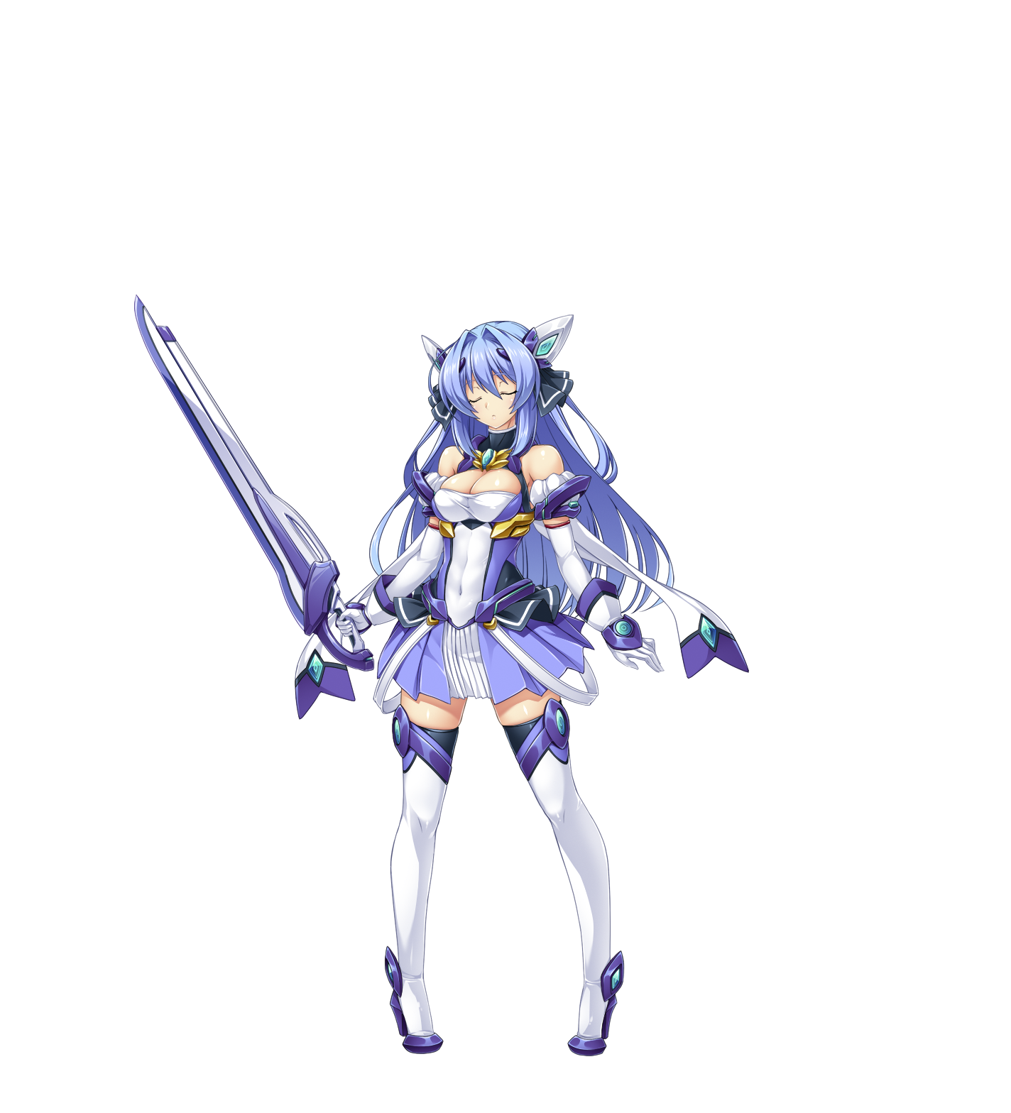 inoino, exs-tia, katsuragi marina, kouyoku senki exs-tia, game cg, highres, large variant set, non-web source, official art, variant set, 1girl, bare shoulders, blue hair, boots, breasts, chest jewel, cleavage, closed eyes, closed mouth, covered navel, detached sleeves, dress, elbow gloves, exs-tia (exs-tia 3), full body, gloves, hair intakes, headgear, high heel boots, high heels, holding, holding sword, holding weapon, large breasts, long hair, pigeon-toed, short dress, skirt, solo, standing, sword, tachi-e, thigh boots, thighhighs, transparent background, weapon, white gloves, white thighhighs, zettai ryouiki