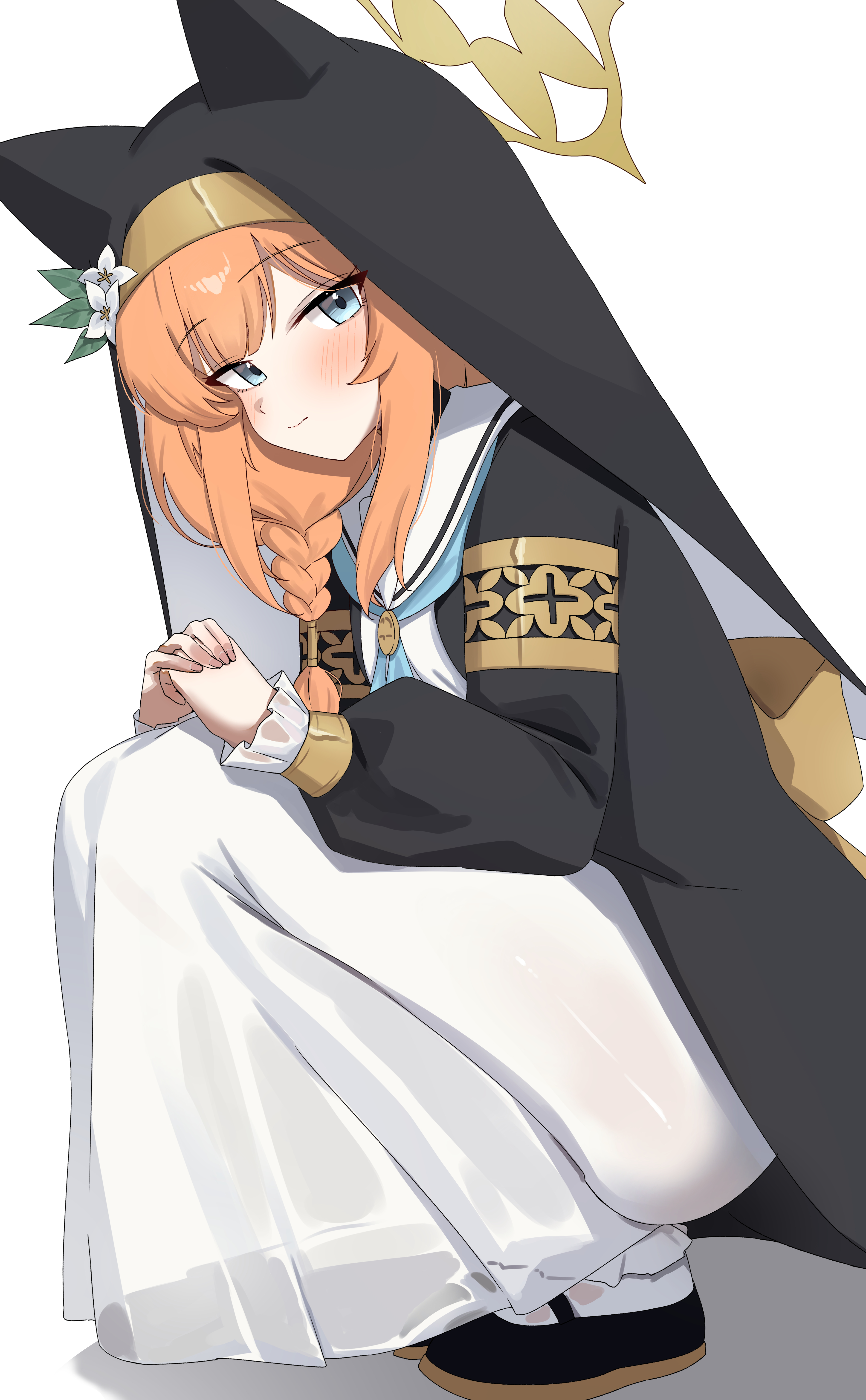 d (delt4), mari (blue archive), blue archive, absurdres, commentary, highres, 1girl, animal ear hairband, animal ears, black dress, black shoes, black veil, blue eyes, blue neckerchief, blunt bangs, blush, cat ears, cat girl, closed mouth, dress, eyes visible through hair, fake animal ears, fingernails, flower, frilled sleeves, frills, from side, full body, hair between eyes, hairband, halo, hands up, hat, hat flower, interlocked fingers, leaning forward, long dress, long hair, long sleeves, looking at viewer, low-braided long hair, low-tied long hair, neckerchief, nun, orange hair, own hands together, puffy long sleeves, puffy sleeves, sailor collar, school uniform, serafuku, shoes, sidelocks, simple background, solo, split mouth, squatting, tsurime, two-tone dress, veil, white background, white dress, white flower, white sailor collar, yellow halo