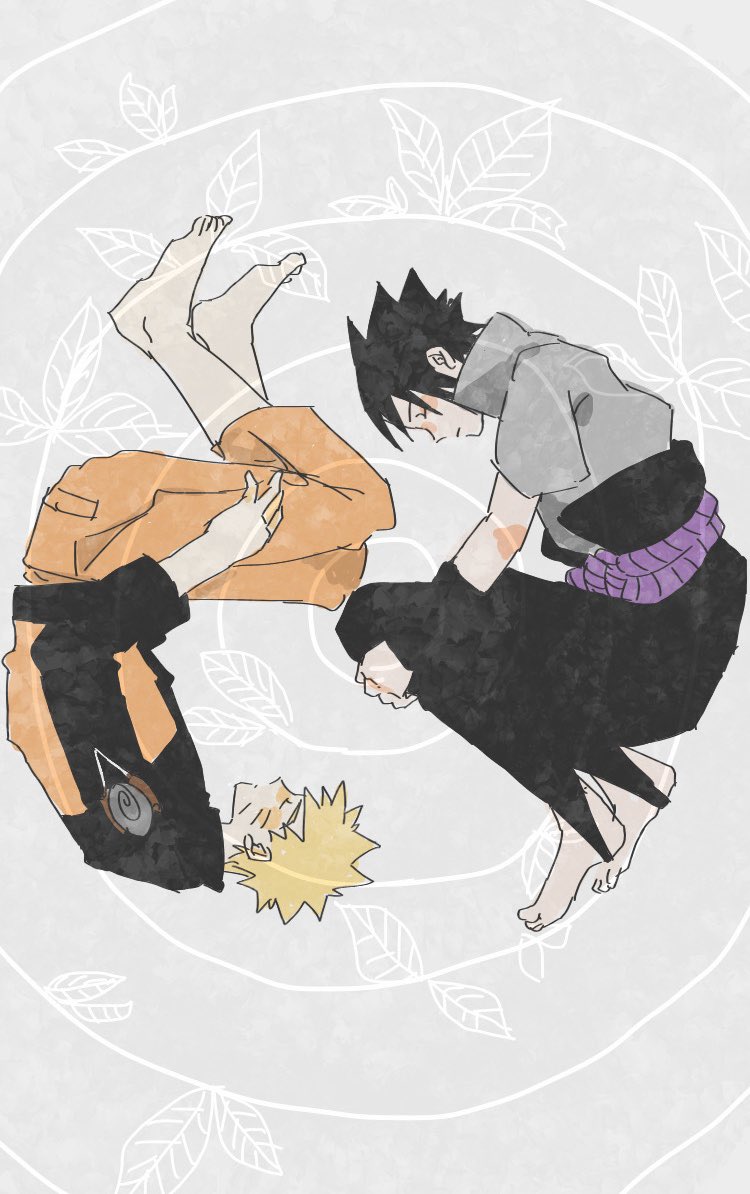 uchiha sasuke, uzumaki naruto, naruto (series), naruto shippuuden, commentary, commentary request, 2boys, barefoot, belt, black hair, blonde hair, blush, closed mouth, facial mark, grey shirt, hugging own legs, jacket, long sleeves, male focus, multiple boys, ns ichiban, orange pants, pants, popped collar, profile, purple belt, rope belt, shirt, short sleeves, spiked hair, whisker markings